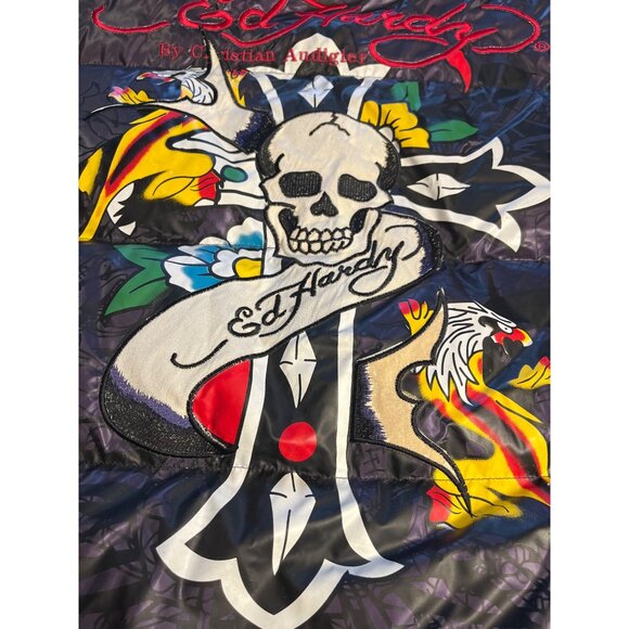 Ed Hardy Mens XXL purple Puffer Vest Snake & Skull Embroidery Down hood Y2K - Picture 10 of 15